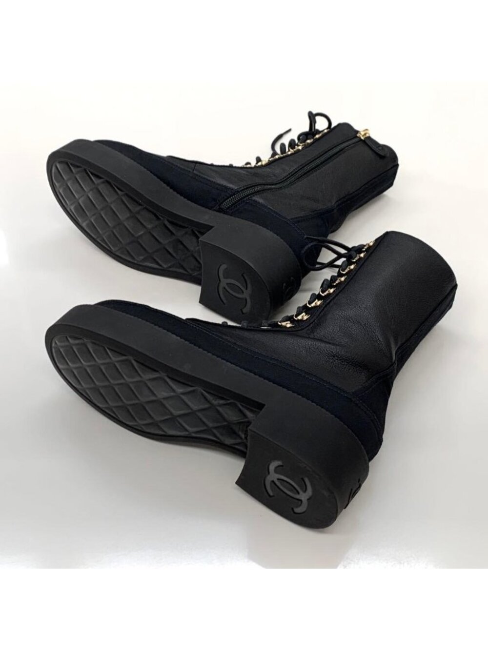 Chanel Calfskin Coco Mark Lace Up Short Boots Black - Picture 8 of 11